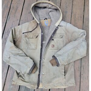 Carhartt Distressed Sandstone Sherpa Lined Snap Jacket Sz M Hooded J284 BRN